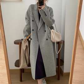 韩国东大门双面羊绒大衣 灰色长款廓形西装领羊毛双面呢外套女