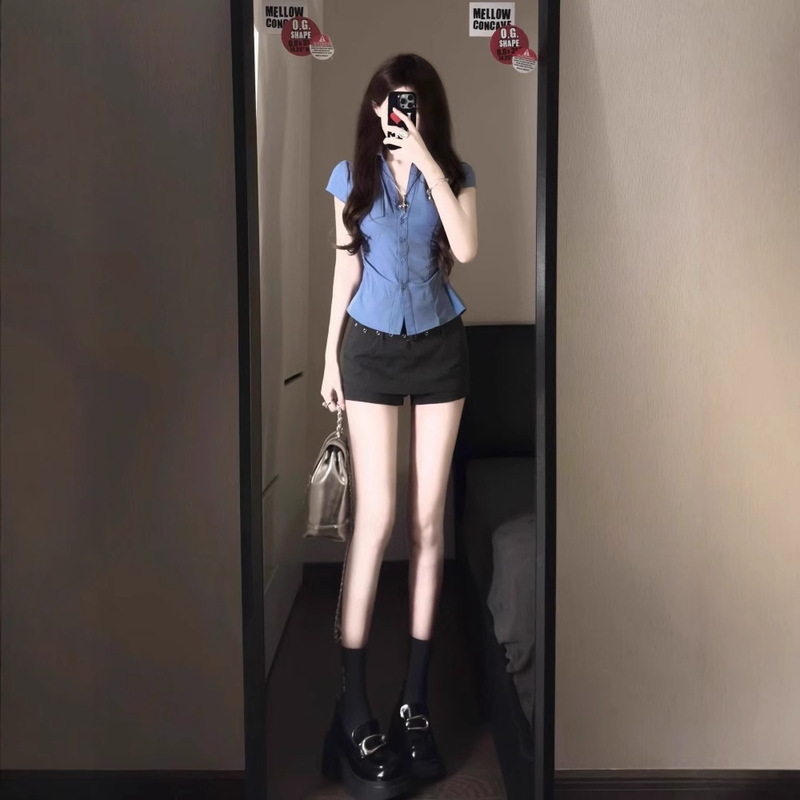 美式学院风蓝色短袖正肩衬衫女夏季2025新款辣妹修身掐腰短款上衣|undefined