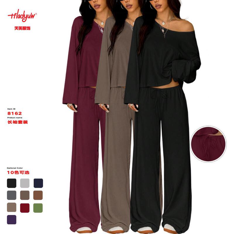 Cross-Border Trade European and American Style Off-Shoulder Long-Sleeve Top with Wide-Leg Floor-Length Pants Sexy Casual Suit for Women