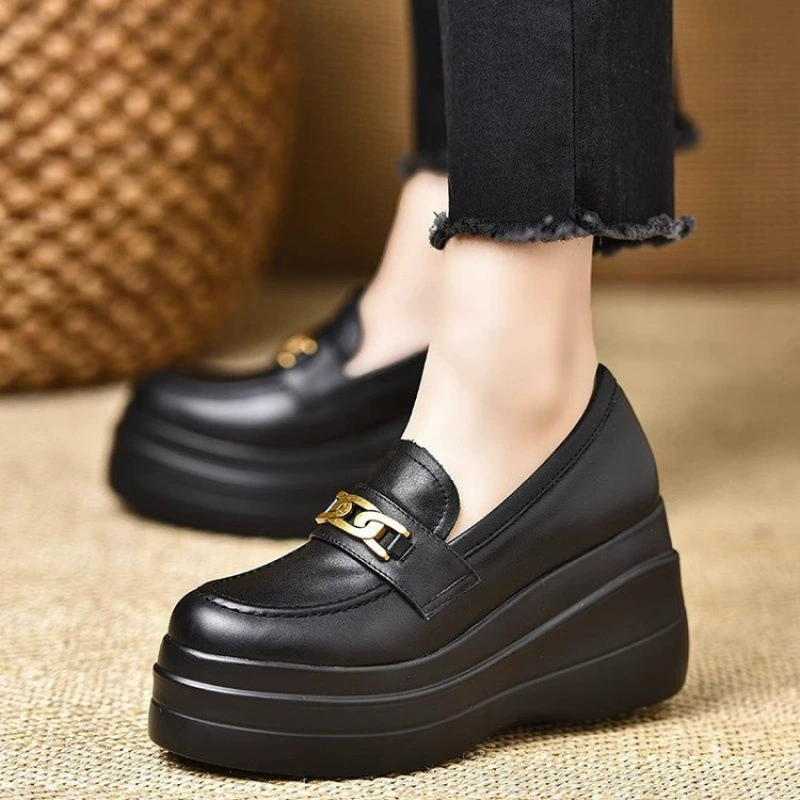 Uncle Xiong handmade women's shoes 8.5cm~spring wedge waterproof platform new heightening retro round toe patent leather black women