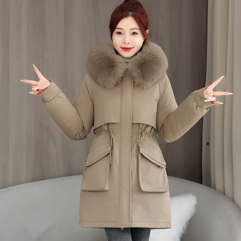 2025 invierno nuevo espessado para superar la cintura femenina delgada con capuzas cuello de cabello grande una chaqueta de algodón de terciopelo de moda