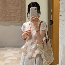 粉色蕾丝钩花苎麻衬衫女夏新款甜美风减龄薄款透气显瘦上衣