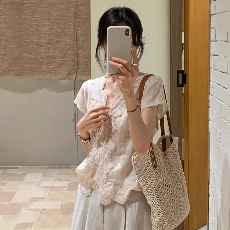 Pink Lace Crochet Ramie Shirt for Women, New Summer Style, Sweet and Youthful, Thin, Breathable, Slimming Top