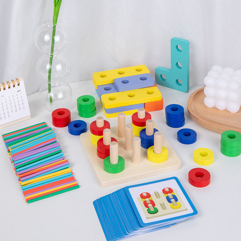 Conjunto de rompecabezas de inteligencia de anillo de forma tres en uno de madera para niños conjunto de columna a juego juguetes educativos de educación temprana