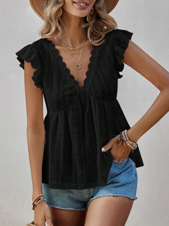 2026 European And American Cross Border Women's Spring And Summer New Fashionable Hollow V-neck Lotus Leaf Short Sleeved Lace T-shirt Top_ecoleips.com
