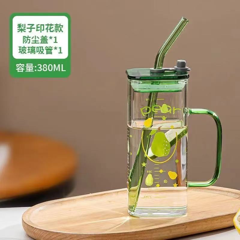 グラスins風ストローコップ高颜値ハンドル付きダイヤルカップ蓋スプーン少女心果物プリントカップ|undefined