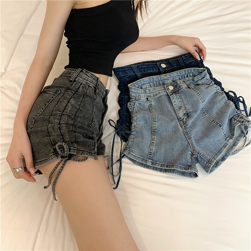 Lace-up Denim shorts women's high waist elastic tight slimming versatile sexy drawstring hot pants for hot girls wide leg
