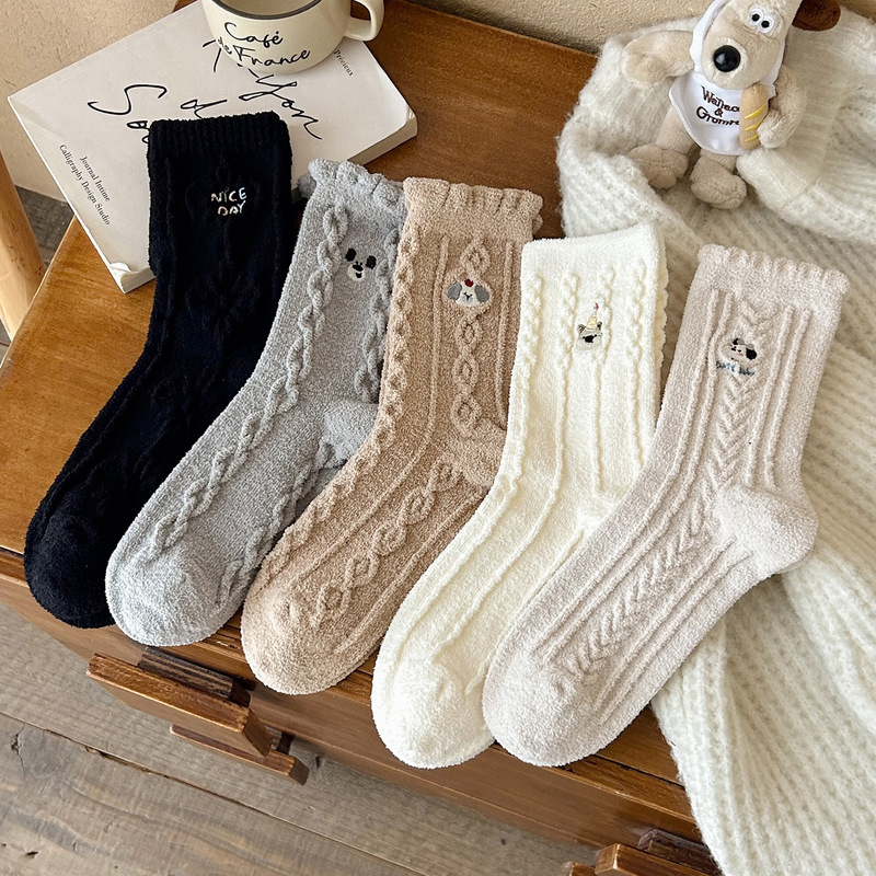 New Autumn and Winter Chenille Socks Japanese Cartoon Puppy Embroidery Women's Mid-Calf Socks Warm Twisted Slouch Socks