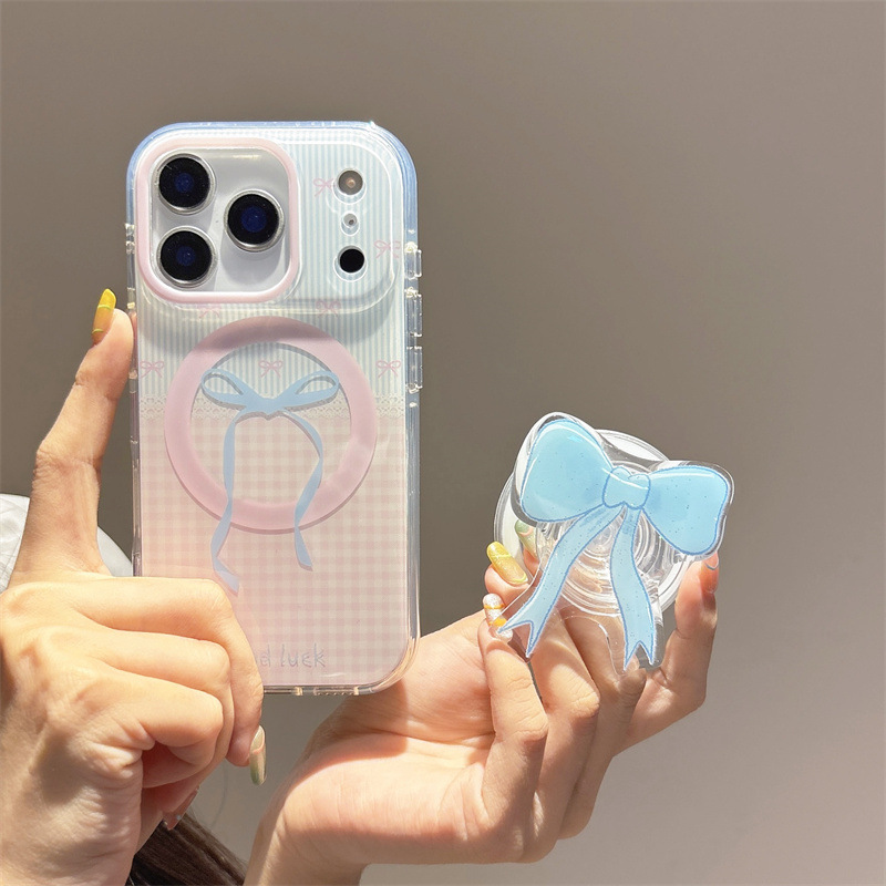 蓝条纹粉格纹蝴蝶结磁吸适用iPhone17苹果16ProMax/15/14手机壳女|undefined