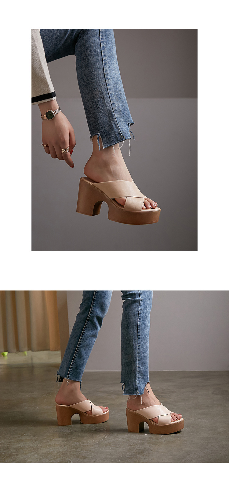 Sandal cao gót nữ hở mũi quai chéo đế xuồng gót 9 cm — màu be, màu nâu chi tiết 12