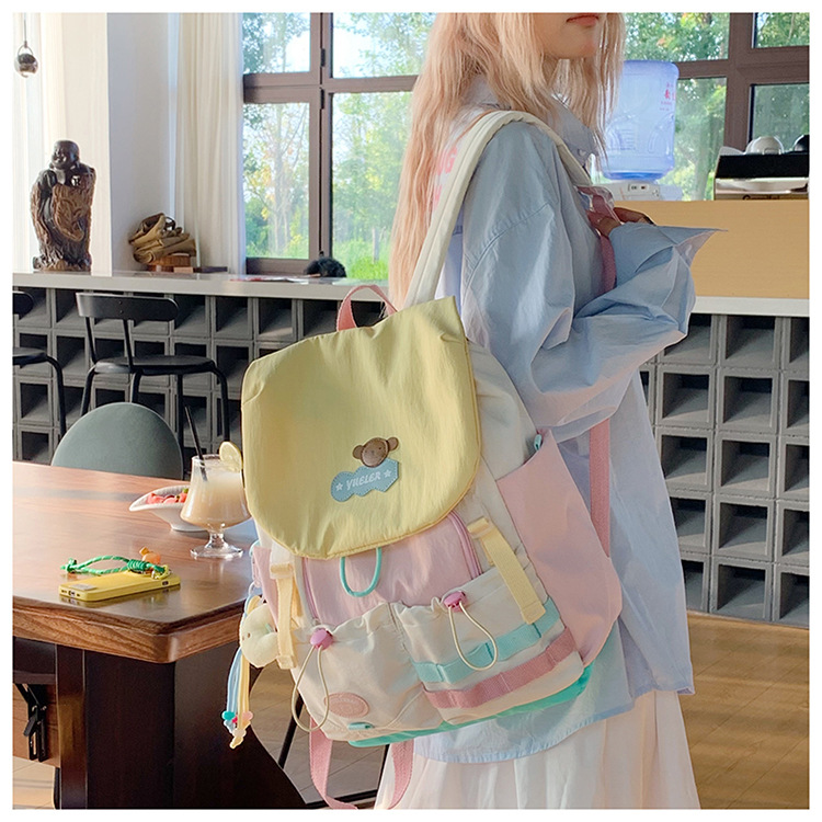 Dopamin-Farbblöcke Schulrucksack für Mittel- und Oberschüler, großvolumig, Klappdeckel, Doppelschulterträger, niedlicher Mädchen-Reiserucksack
