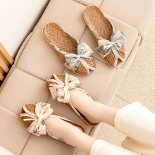 新款蝴蝶结亚麻拖鞋居家可爱韩版软底地板防滑室内透气静音夏季女