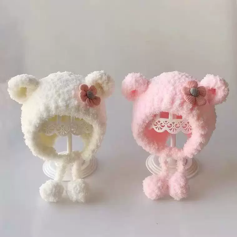 婴儿可爱帽子冬款加厚防寒保暖围巾0-6个月小公主绒帽子护耳帽