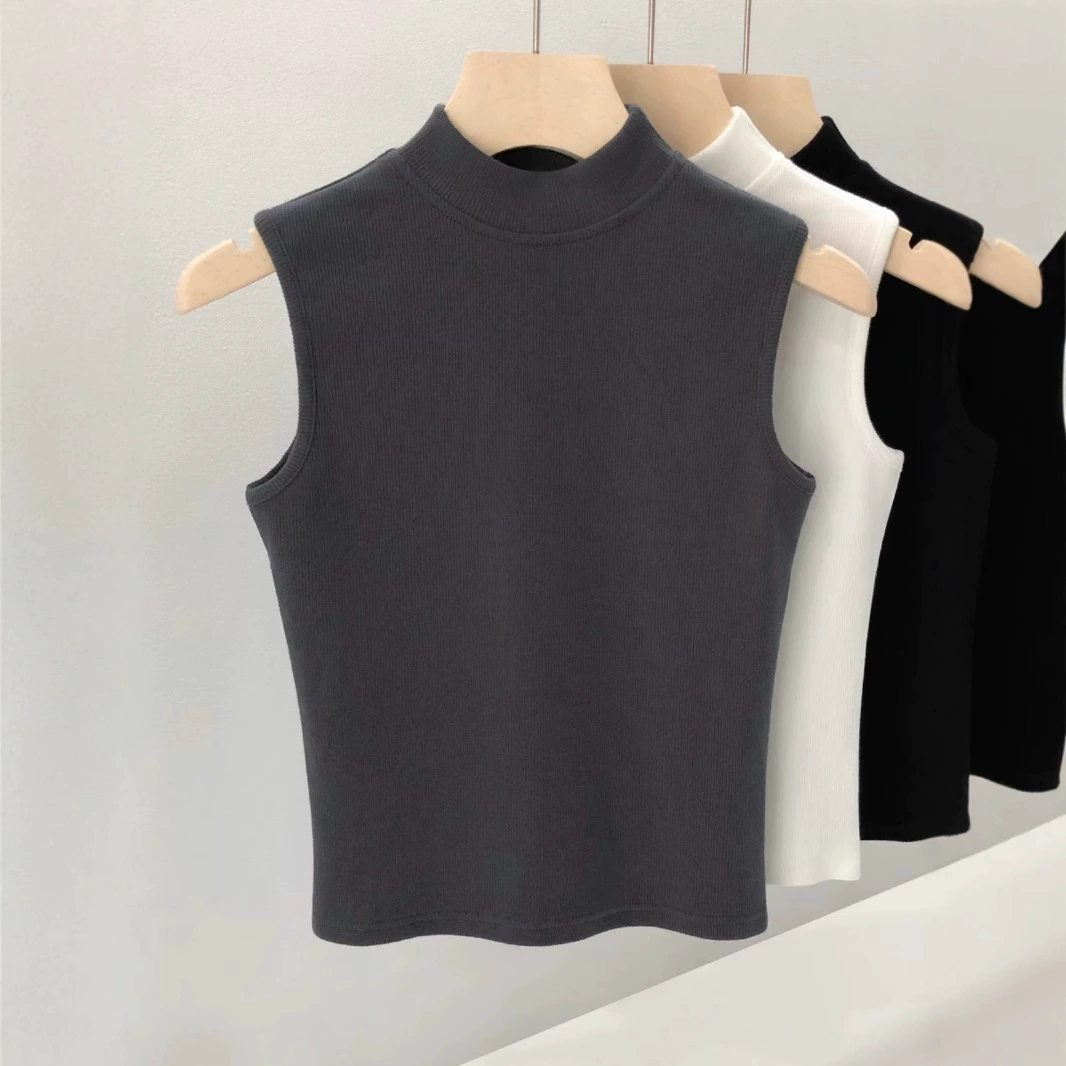 Осенний топ без рукавов, удобный для тела T-shirt, высокий воротник, размер плюс, slim fit