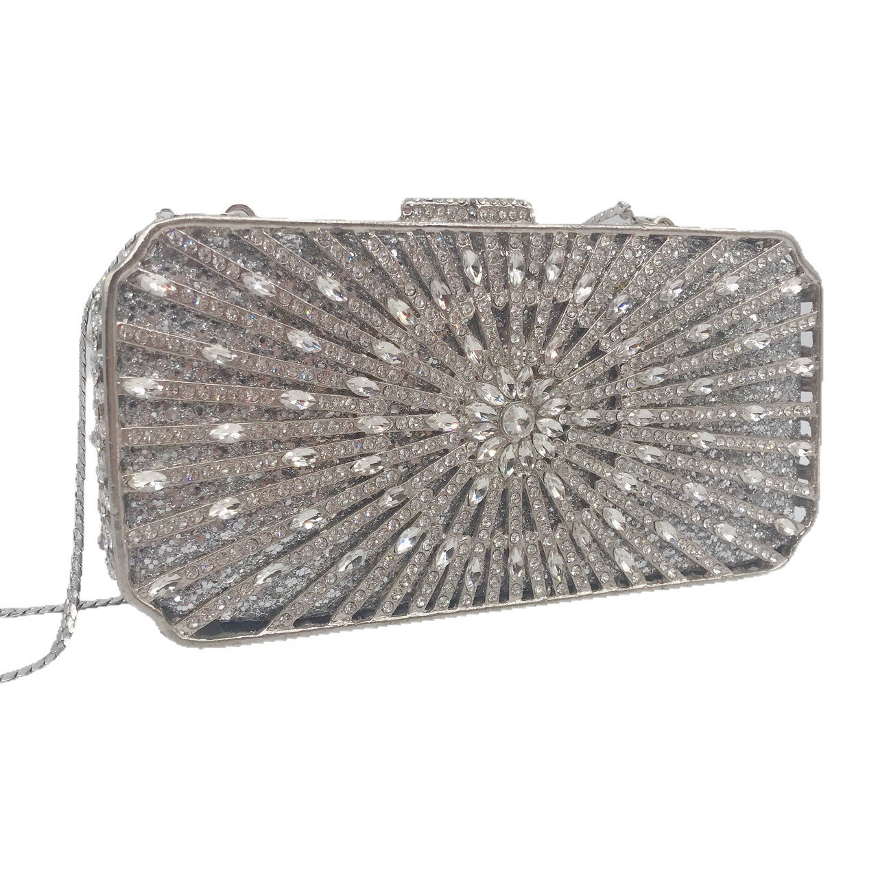 Túi clutch nữ đính đá dạ hội hộp kim loại khung cứng — bạc