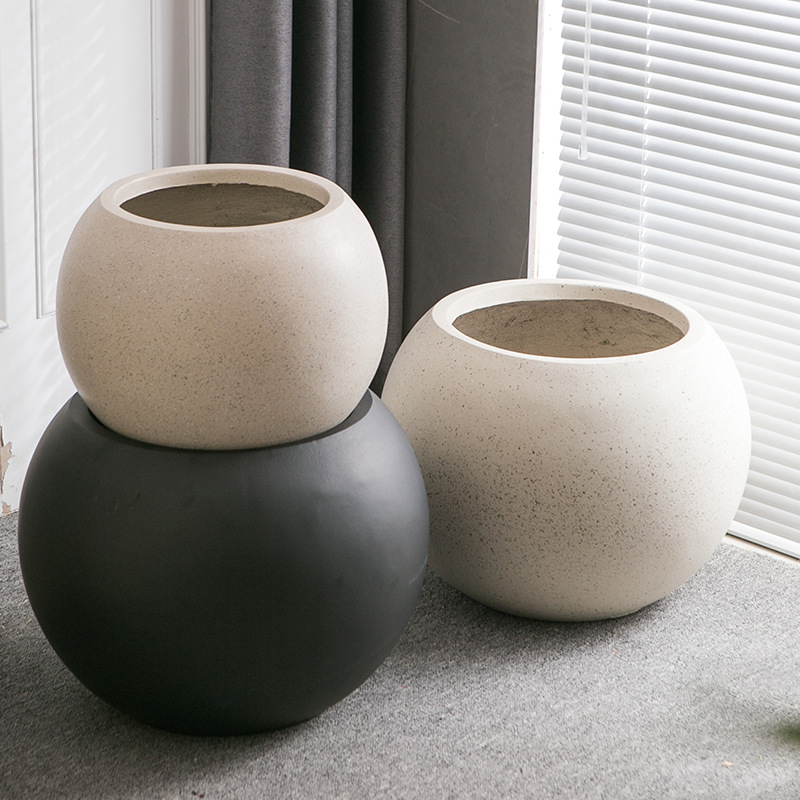 Maceta grande de suelo de barro de magnesio nórdico, decoración suave de bola redonda minimalista, sala de estar, casa de familia, centro comercial, decoración de villa