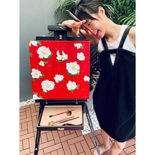 Coco Camellia Thick Color Pure Hand-Painted Oil Painting Side Cabinet Entrance Red Decorative Painting at Rhino Gallery Los Angeles Exhibition