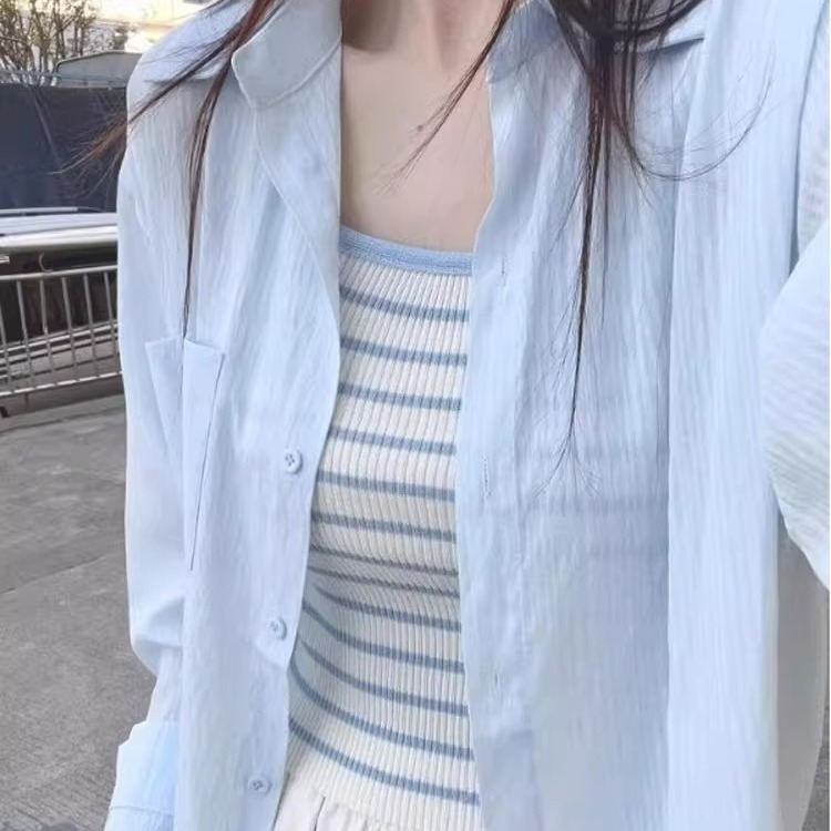 蓝色亚麻防晒衬衫女2025新款夏季轻薄小个子开衫长袖袖套外套上衣|undefined
