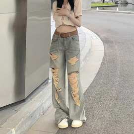 潮流女装复古做旧重工柳钉破洞牛仔裤女春夏网红炸街直筒拖地长裤