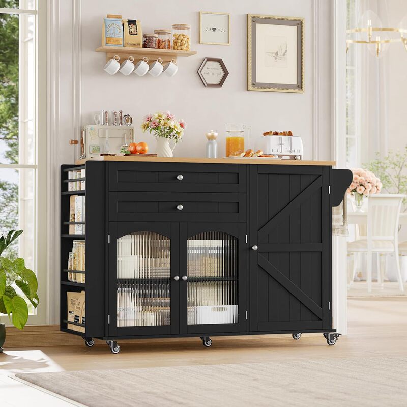 Black Island-Style Barn Door Sideboard with Glass Doors, Multifunctional Storage, Large Capacity, Easy to Move at Any Time, Suitable for the Living Room