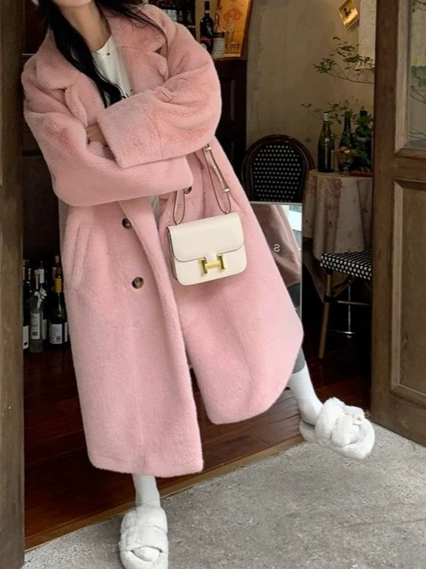 Длинное шуба из искусственного меха (женщины), свободное просторное бархатное плюш, абрикосовый или фуксия, размеры S–L