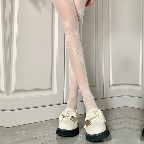 Japanese spring and summer milk white embroidered rose jacquard stockings anti-snag ultra-thin lace jk pantyhose for women