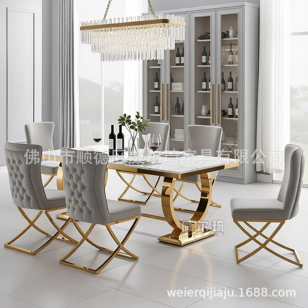 Italian Light Luxury Marble Dining Table Rectangular Home High-End Restaurant High-End Long Table Stainless Steel Dining Table Chairs