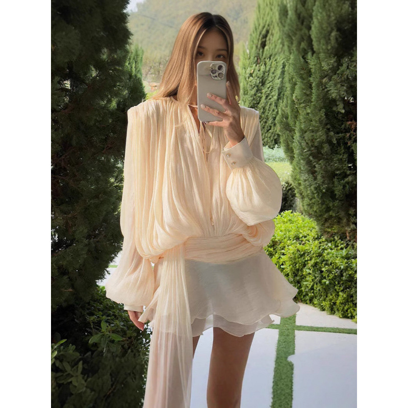 Real Shot-Temperament Pleated Mesh Bubble Sleeve Mini Skirt 2025 Cross-border Spring/Summer High Waist Bright dress