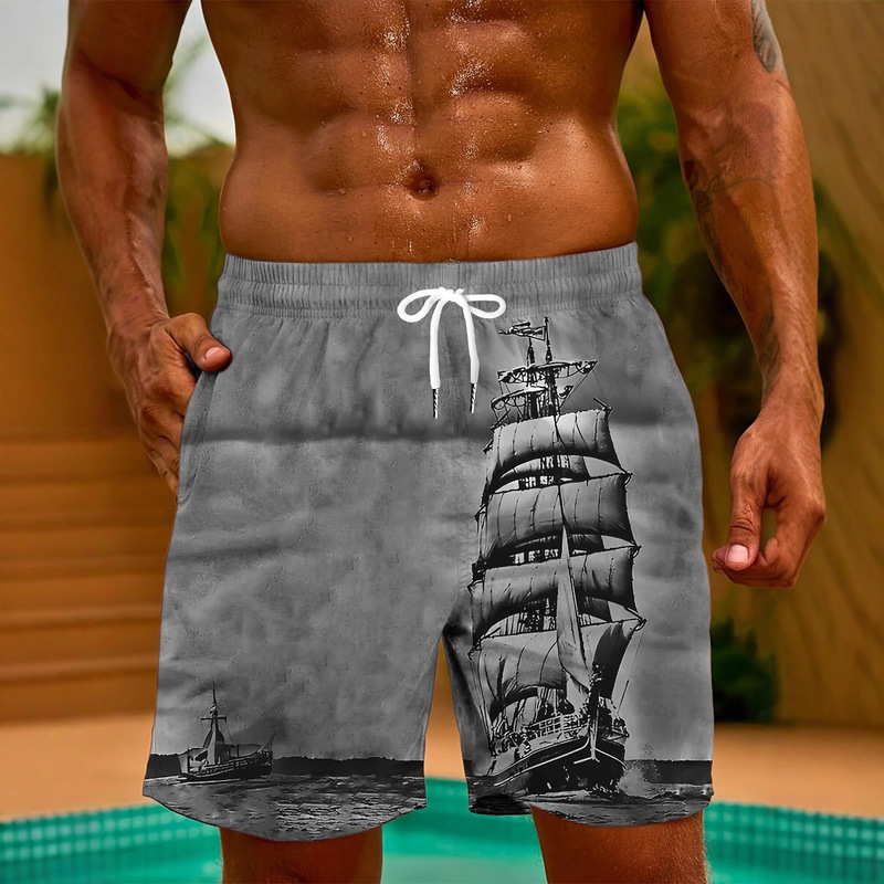 Cross-Border Foreign Trade Summer New Men's Casual Shorts with Ocean Sailboat Pattern Digital Printing Loose Beach Shorts