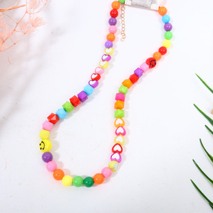 New Amazon Hot Selling Color Necklace Women's Cute Colorful Love Smiley Face Children's Girls Beaded Necklace Necklace