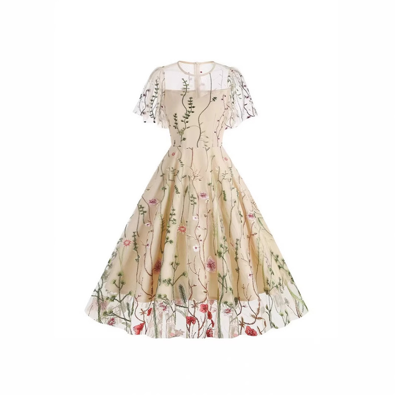 2025 New Amazon European and American Cross-Border Round Neck Short-Sleeved Heavy Industry Mesh Embroider Dress Retro Dress 8235