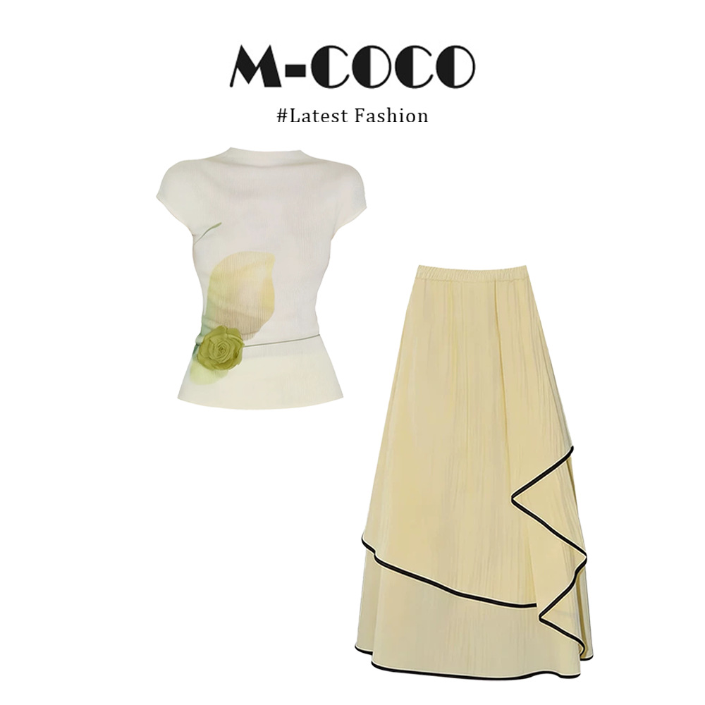 French-style printed short-sleeved T-shirt and irregular color-blocked skirt set