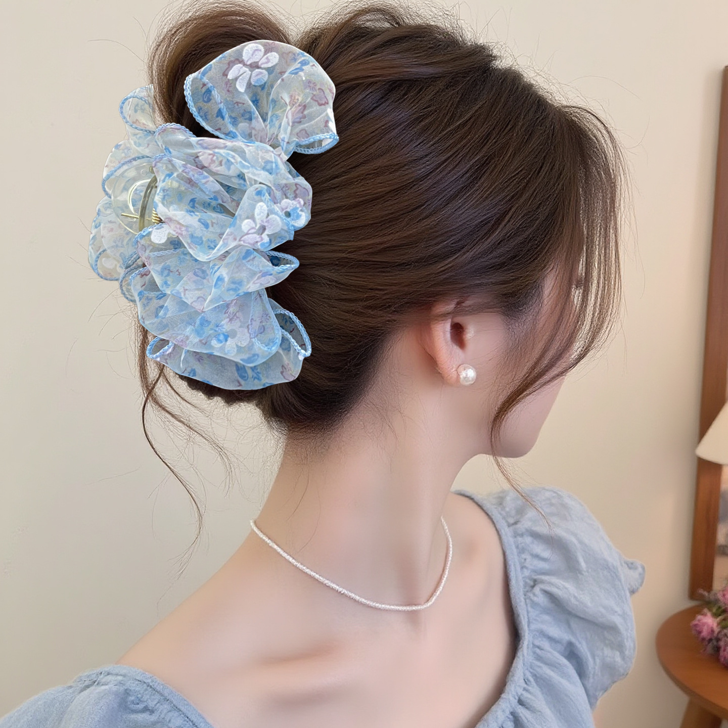 블루 플로럴 보우 클립(클립 길이 약 13cm)