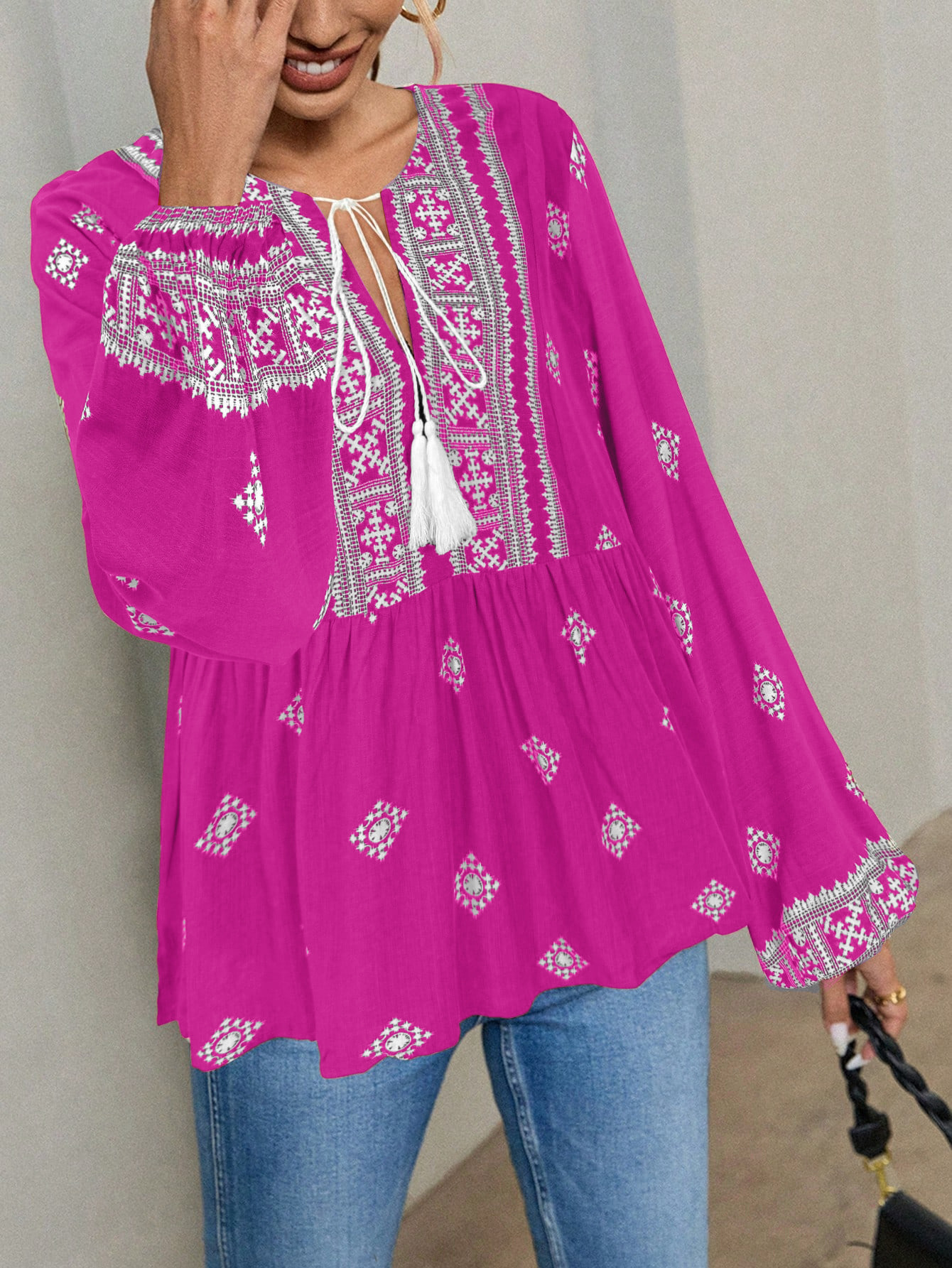 Chemise K New Retro à col semi-ouvert, lacets et manches lanternes amples_voghion.com