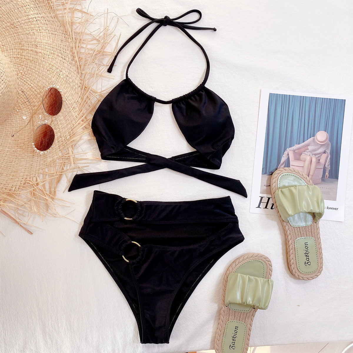 Pure Color Sexy Hollow Split Swimsuit NSDA51935