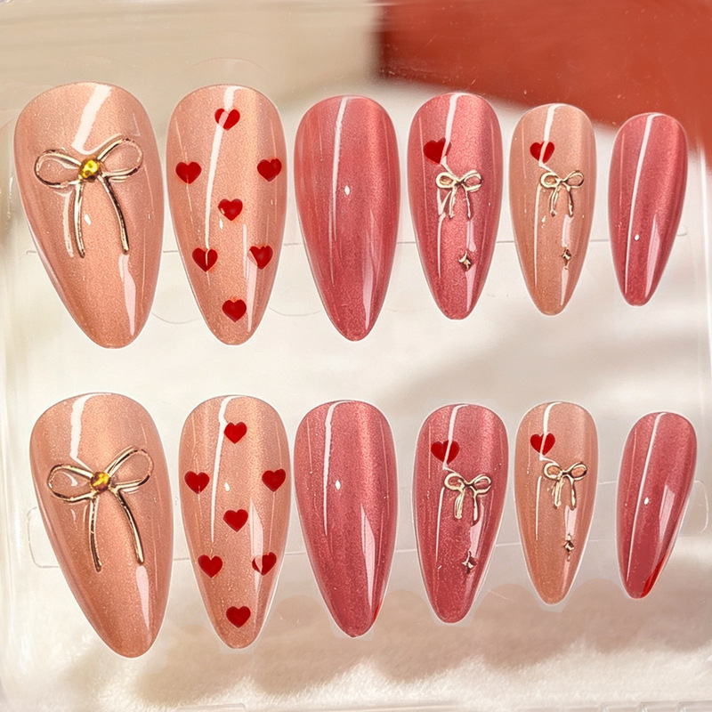 Cross-border Valentine's Day Wearable Nails, Almond-shaped Press-on Nail Tips, Shiny Pink Heart-shaped Sweet False Nails