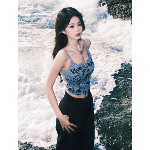 Sleeveless short gray letter printed suspender short vest for women V-neck tight inner and outer wear hot girl breast wrap