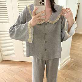 慕斯羊绒加绒春秋睡衣女翻领简约套装宽松舒适柔和家居可外穿
