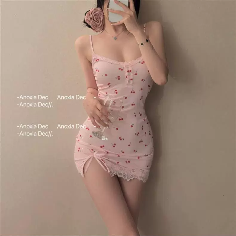 DEC樱桃少女 樱桃纯欲风莫代尔吊带睡裙带胸垫斩男性感睡衣