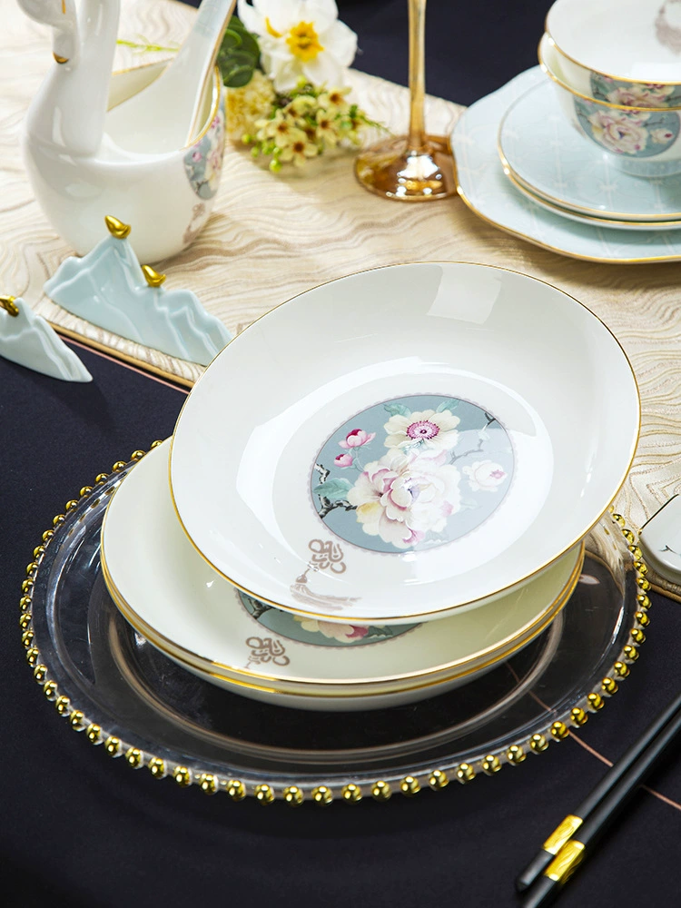 Новая посуда в китайском стиле «легкая роскошь» набор посуды Jingdezhen с керамическими костяной породы, миски и тарелки, домашняя роскошь с золотым ободком