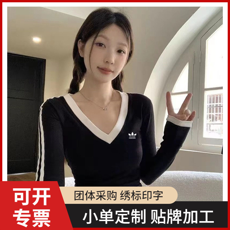 クロスボーダークローバー右肩Vネックストライプ長袖Tシャツレディース春秋スリムフィット甘いファッションショートトップ|undefined