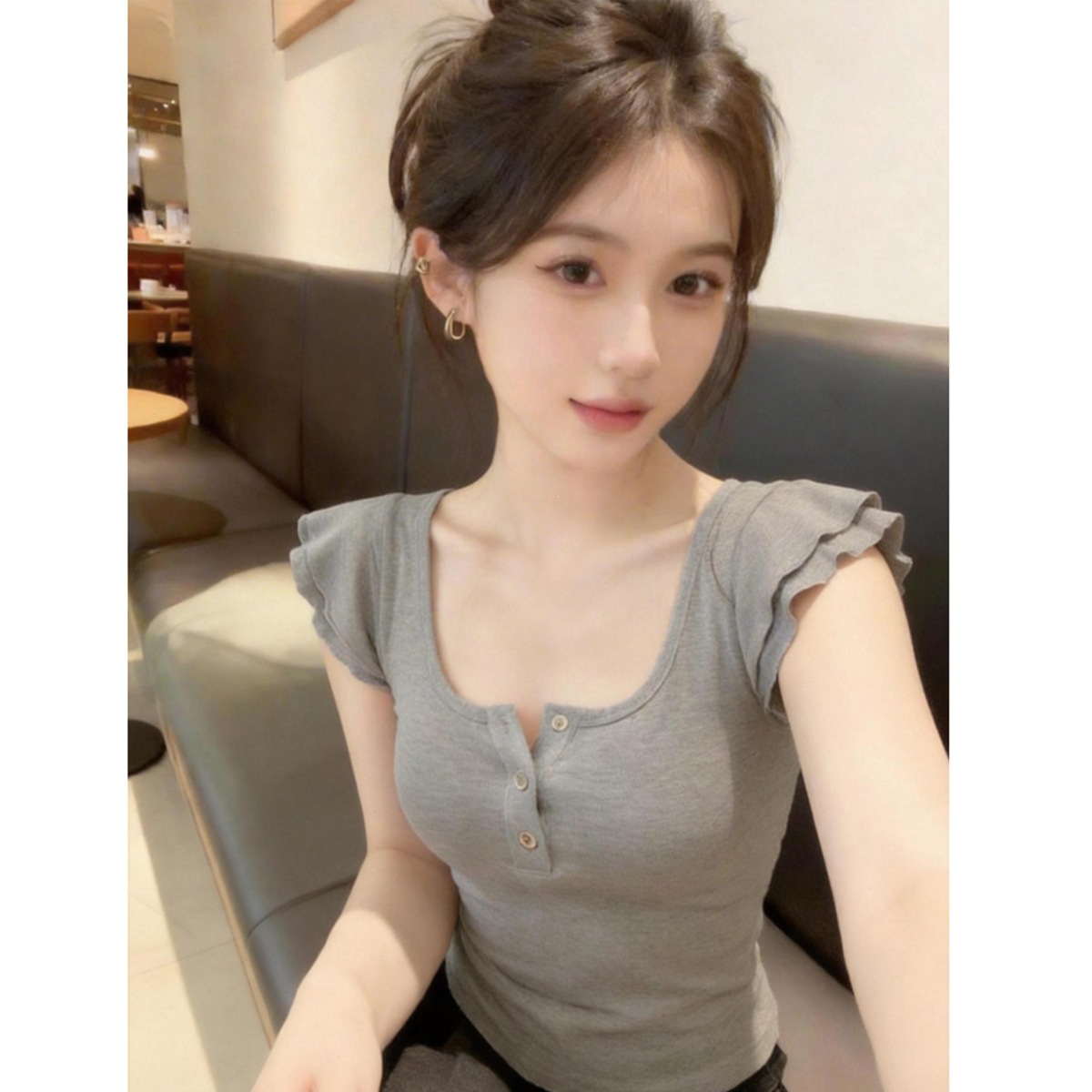 260g Rayon】Pure Desire Style Gray U-Neck Short-Sleeve T-Shirt for Women, Summer New Slim-Fit Short Top