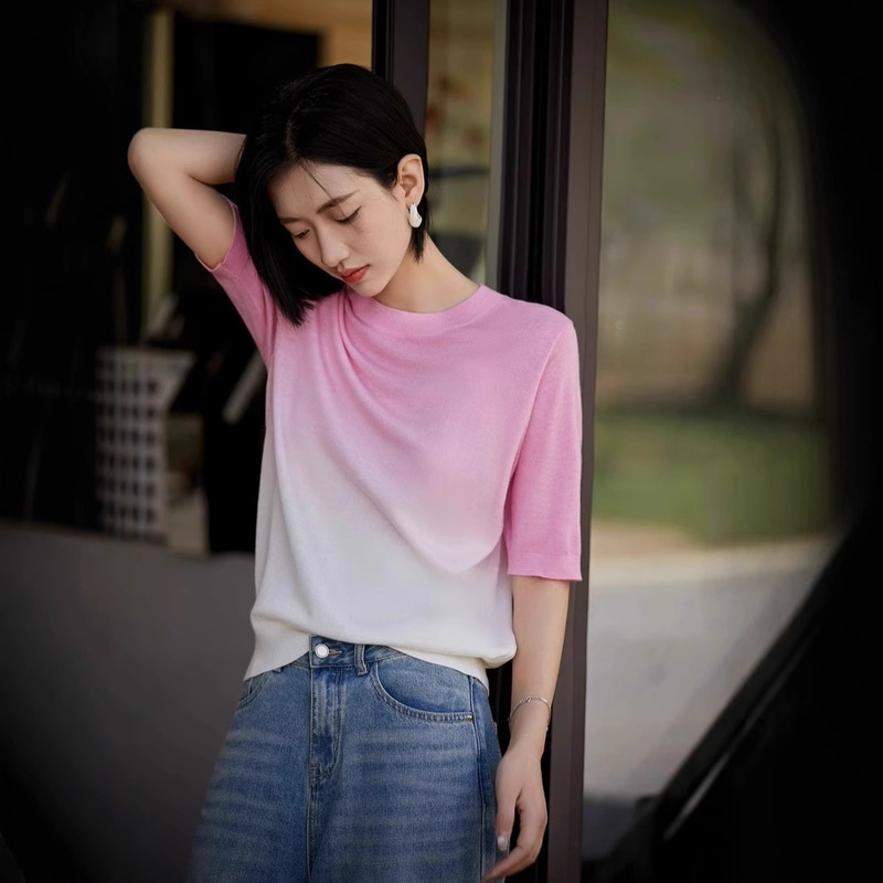 [Contains Mulberry Silk Naked Skin Feel] Lyocell Summer New Simple Gradient Short-Sleeved Knitted T-Shirt Top