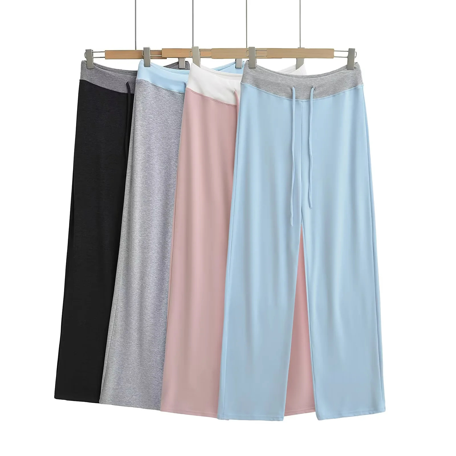 纸片人慵懒风松弛感高腰拼色休闲裤女软糯针织裤宽松垂感拖地长裤