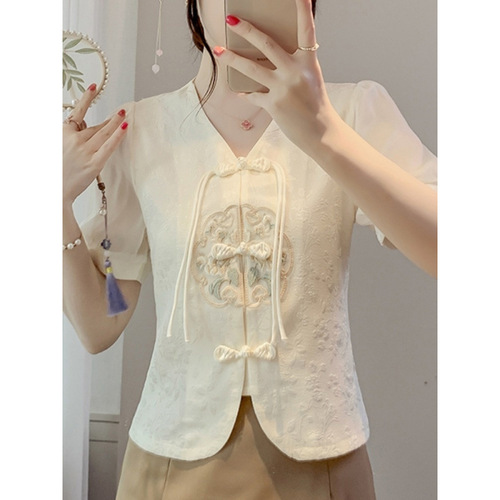 New Chinese Style Collarless Button Shirt for Women - Summer 2025, Hand-Embroidered Short-Sleeve Top, Retro Patterned Blouse