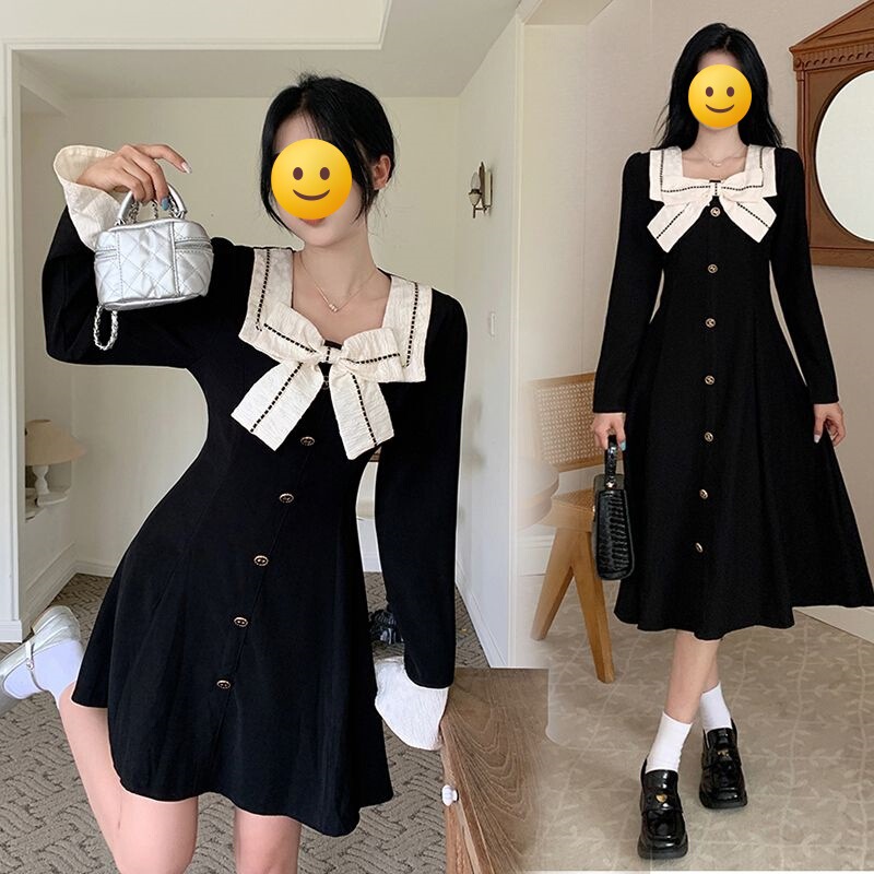 Plus size French style long sleeve black dress high-grade women's autumn skirt fat belly covering slimming short skirt cross-border