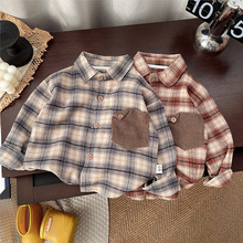 韩国童装春款儿童复古撞色口袋格子衬衫男女童休闲韩版表面磨毛料