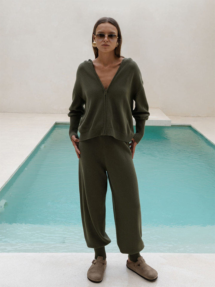 Bộ áo cardigan dệt kim có mũ khóa kéo dáng rộng kèm quần ống ôm cotton — Màu cà phê, Màu trắng, Màu xanh dương, Xanh lá cây chi tiết 27