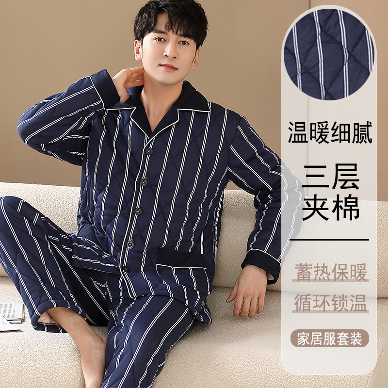 100% algodón Otoño e Invierno pijamas acolchados de tres capas engrosadas desgaste del hogar de los hombres más el tamaño ocasional traje de desgaste del hogar