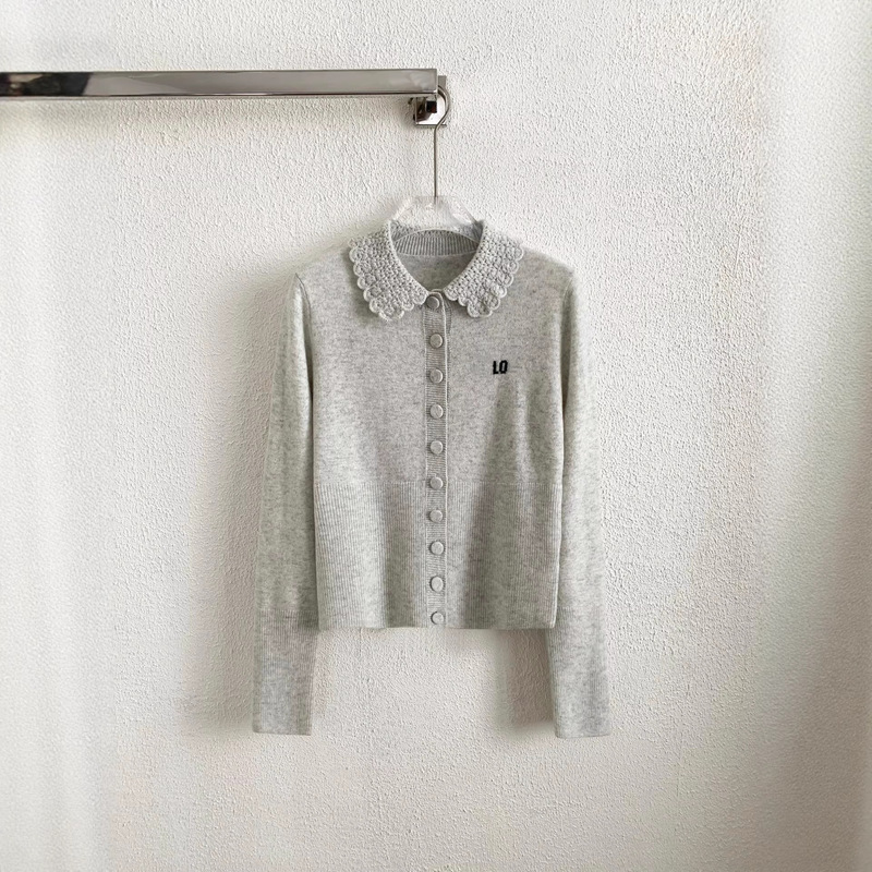 King's Impression Autumn/Winter New Style Lapel Collar Elegant Lace Single-Breasted Letter Jacquard Short Knitted Long-Sleeve Jacket for Women